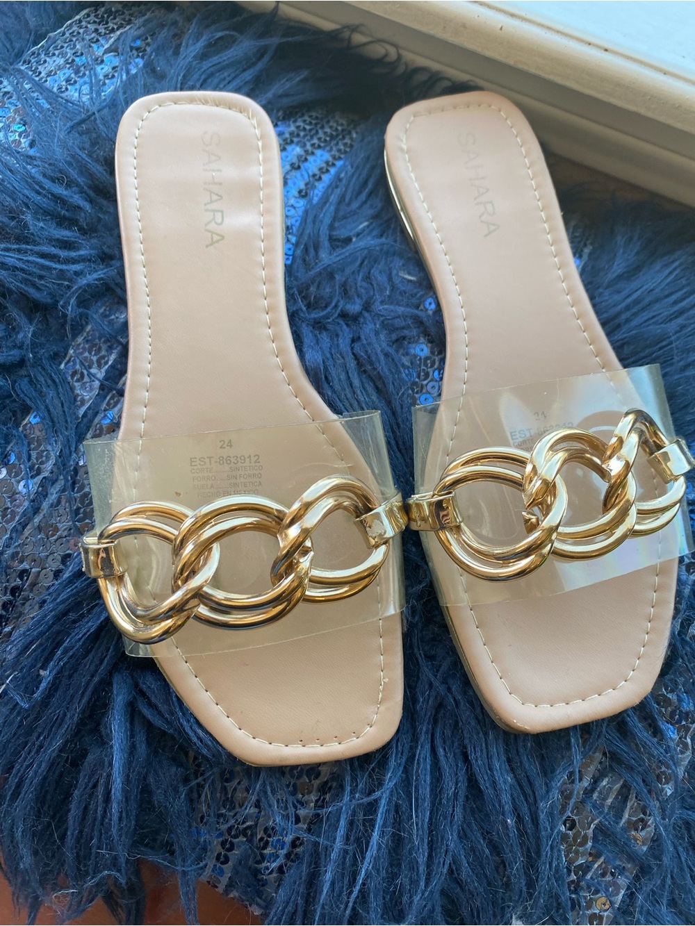Sahara Nude Slide Sandals with Gold Chain Accent